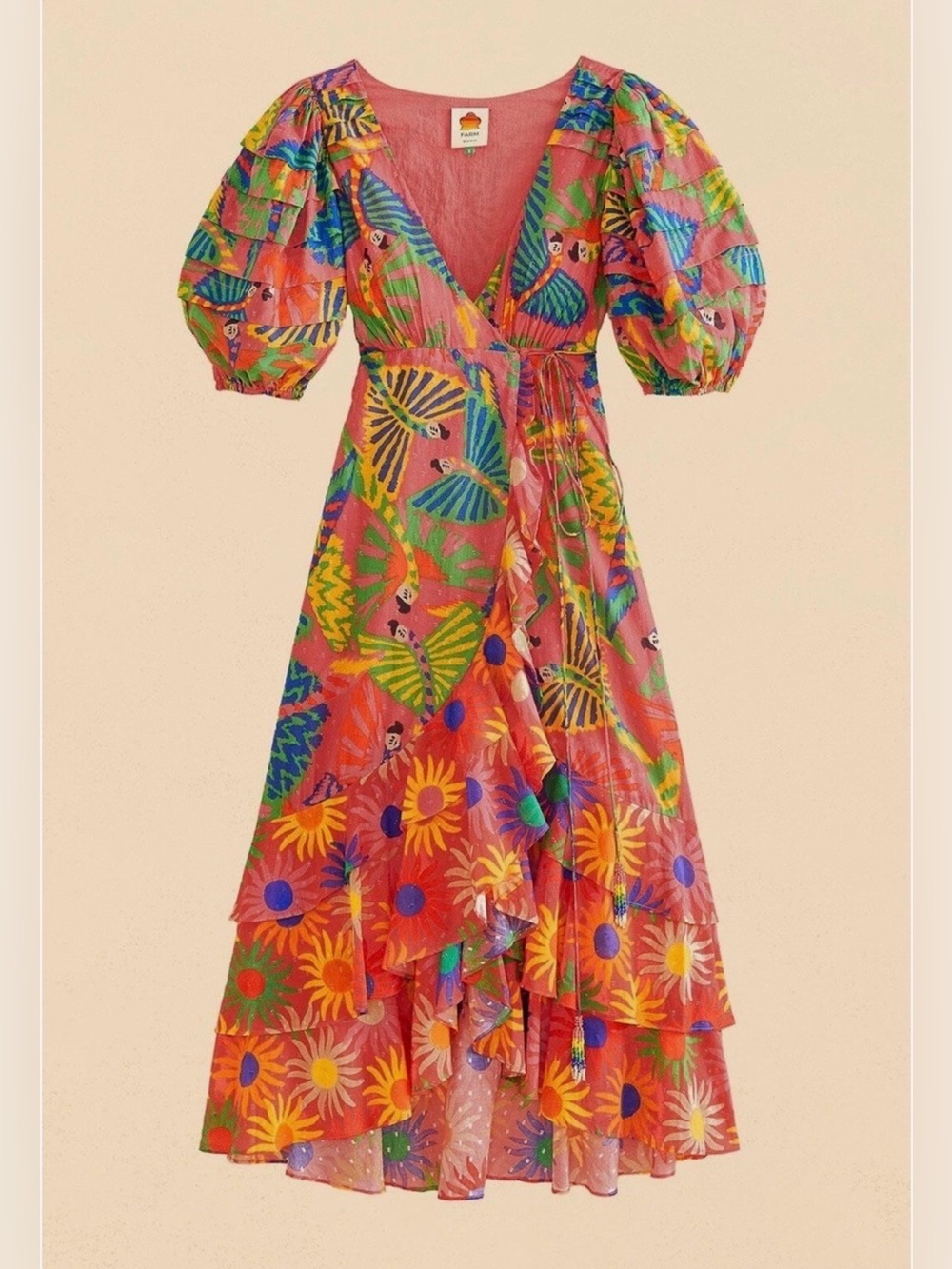 FARM Rio Coral Mixed Graphic Macaws Puff Sleeve Ruffle Hem Midi Wrap Dress XS